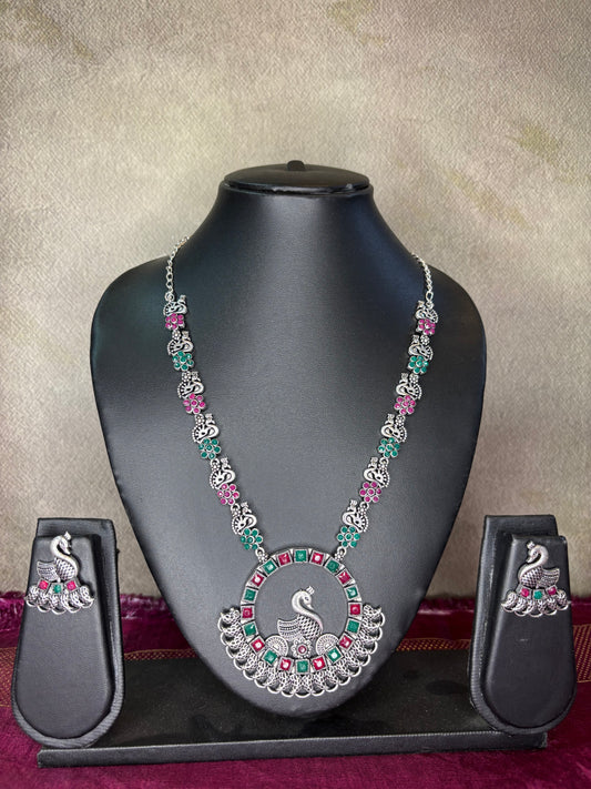 Peacock Motif Pastel Oxidized Necklace Set