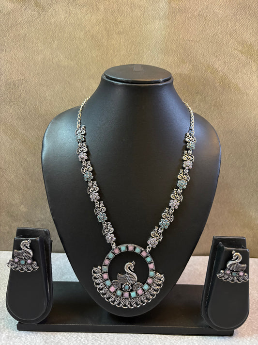 Pastel Peacock Oxidized Silver Necklace Set