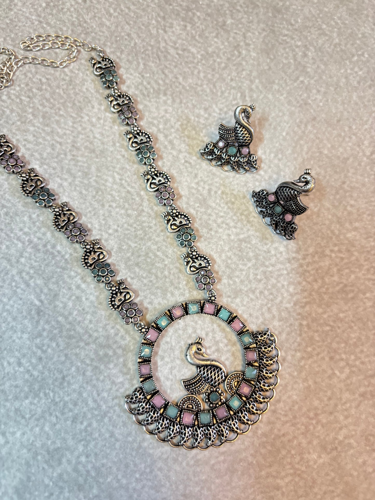 Pastel Peacock brass Silver Necklace Set