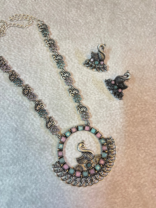 Pastel Peacock Oxidized Silver Necklace Set