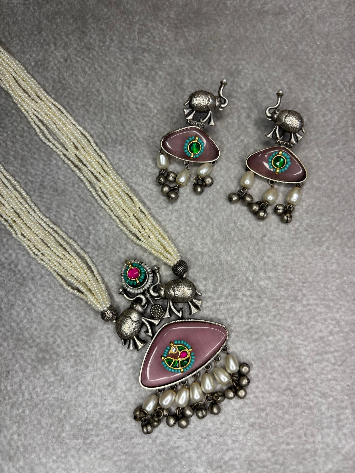Elephant Motif Pink Stone Necklace Set with Earrings