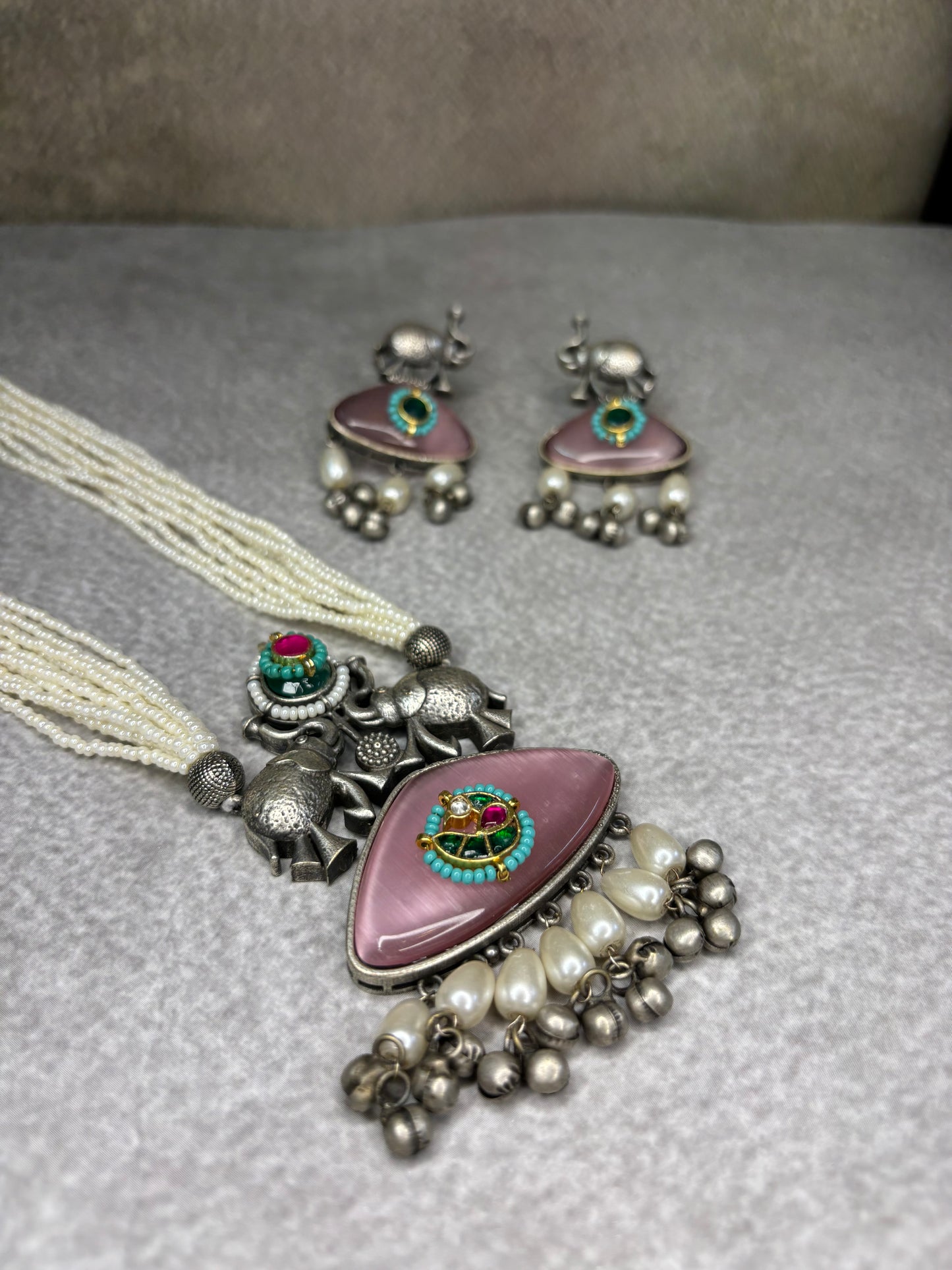 Elephant Motif Pink Stone Necklace Set with Earrings
