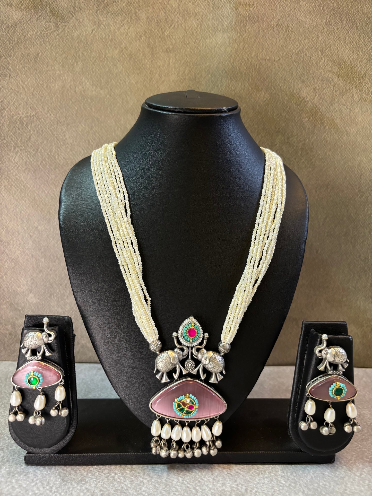Elephant Motif Pink Stone Necklace Set with Earrings