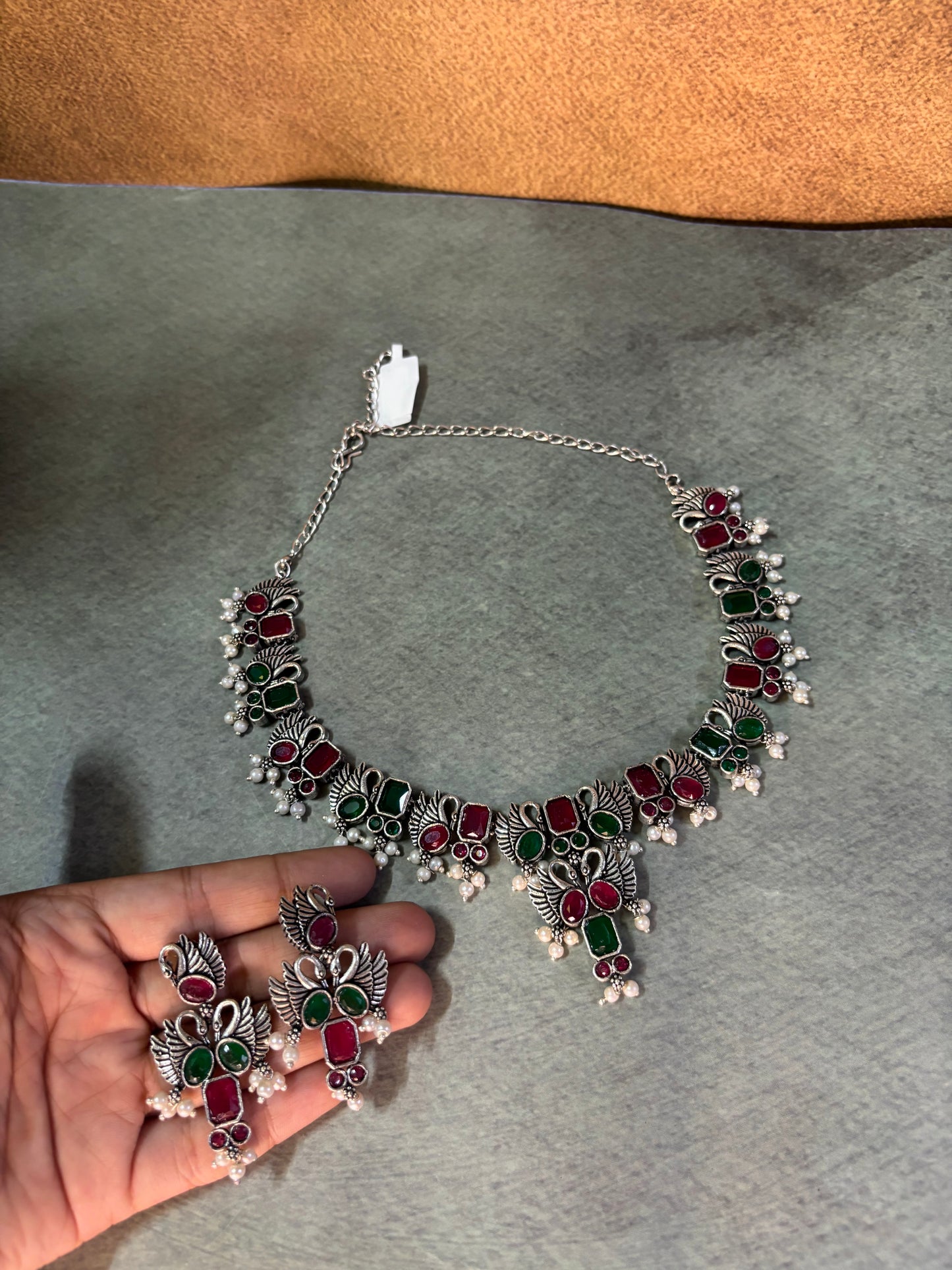 Silver Replica Necklace Set – Ruby & Emerald Stones with Swan Motifs