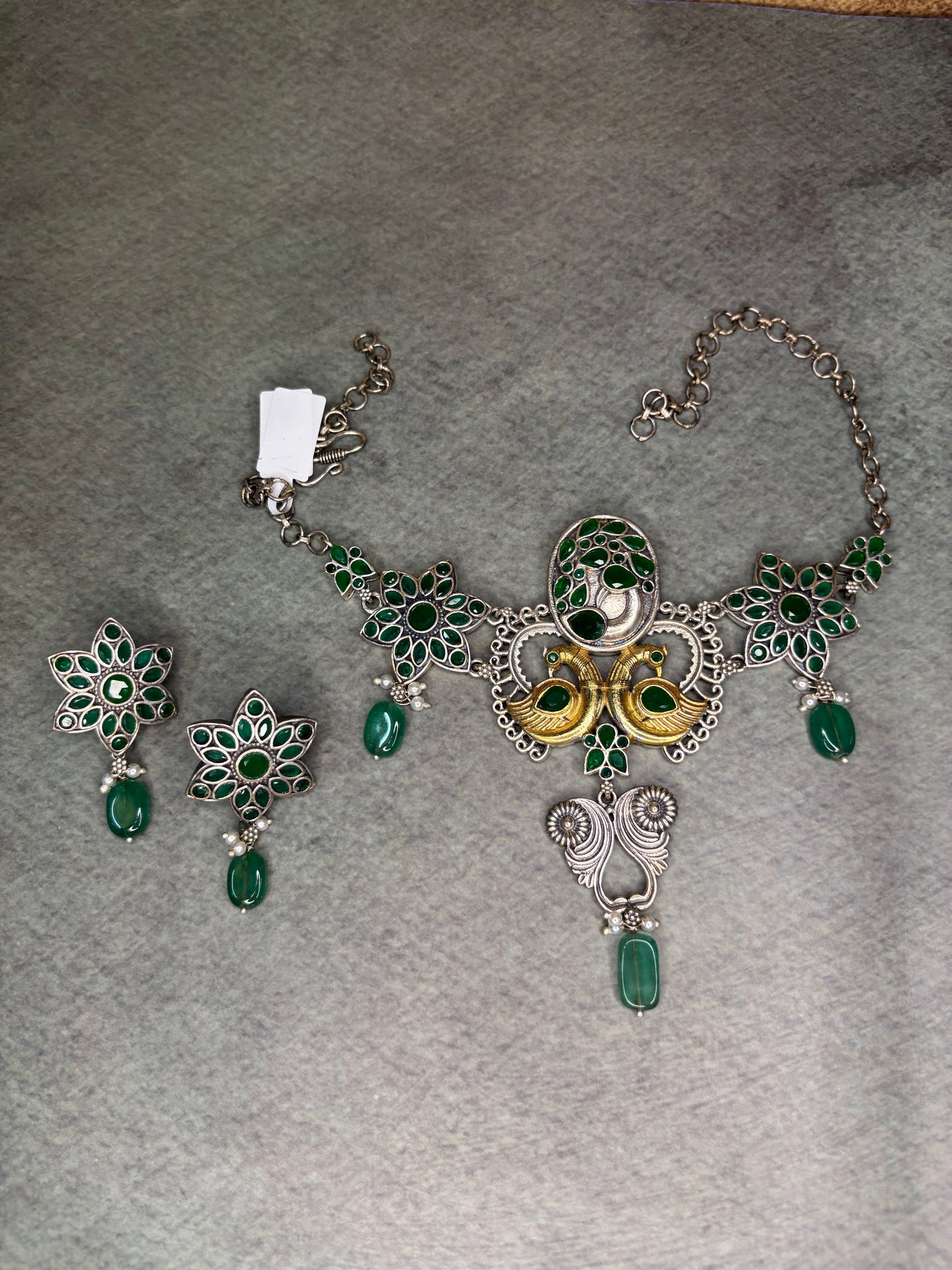 Green & Gold Silver Replica Brass Choker with Earrings