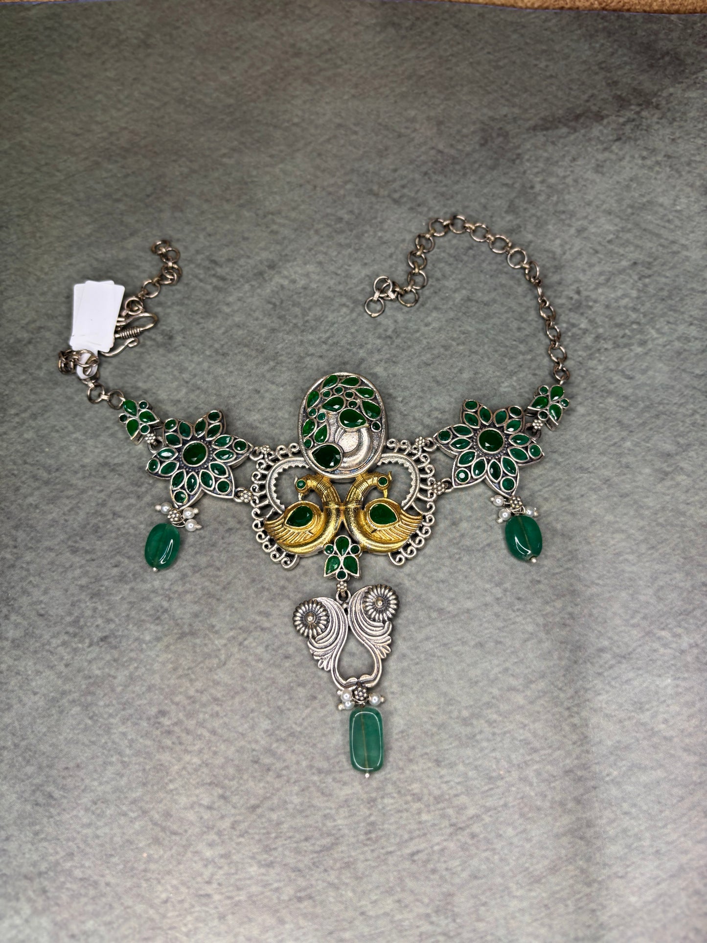 Green & Gold Silver Replica Brass Choker with Earrings