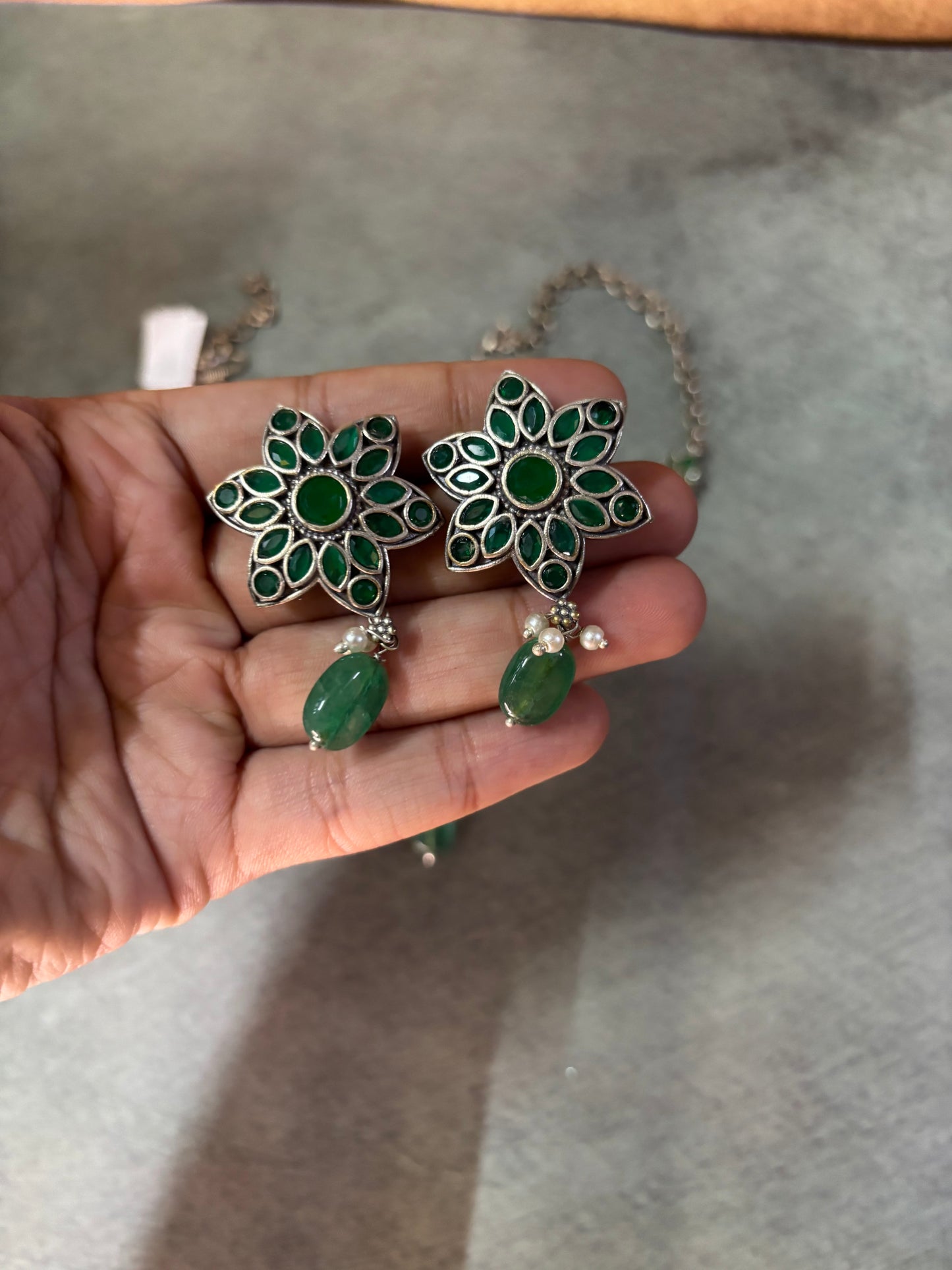 Green & Gold Silver Replica Brass Choker with Earrings