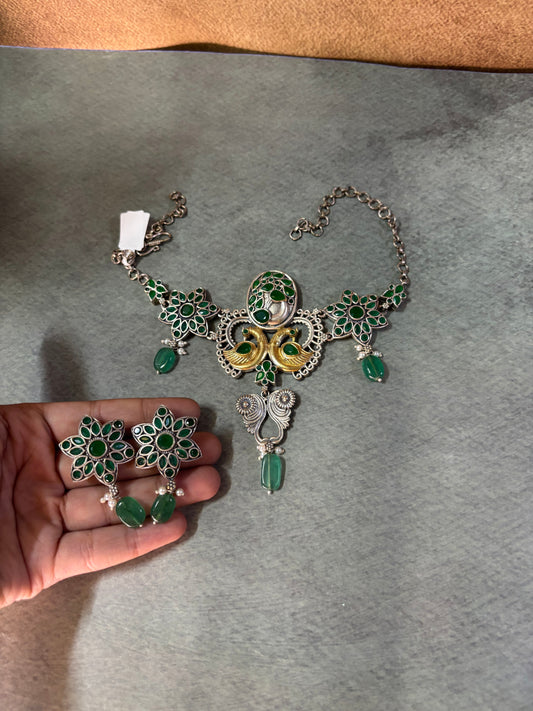 Green & Gold Silver Replica Brass Choker with Earrings