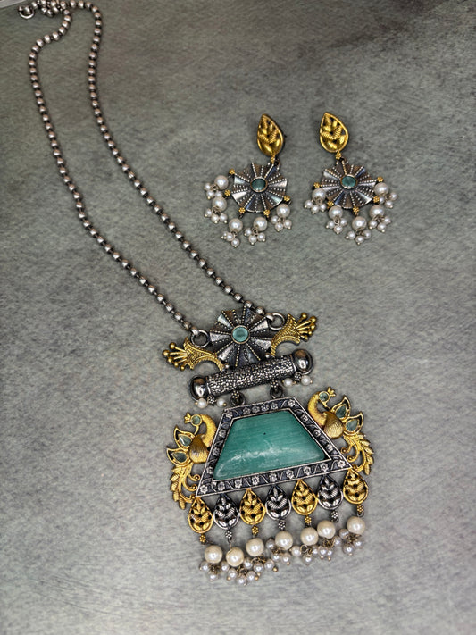 Silver Replica Necklace with Green Pendant – Dual Tone Peacock Motif with Moti Piroi