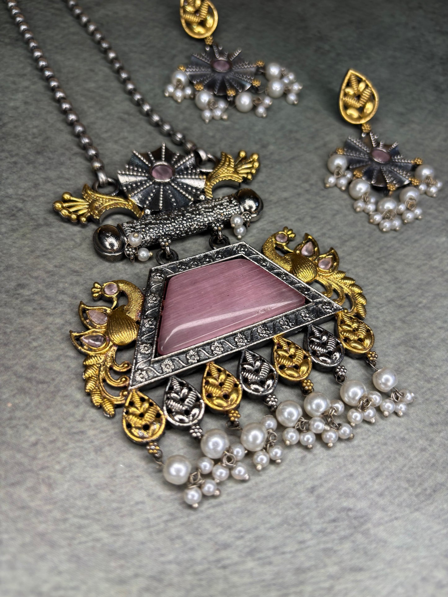 Silver Replica Necklace with Onion Pink Pendant – Dual Tone Peacock Motif with Moti Piroi