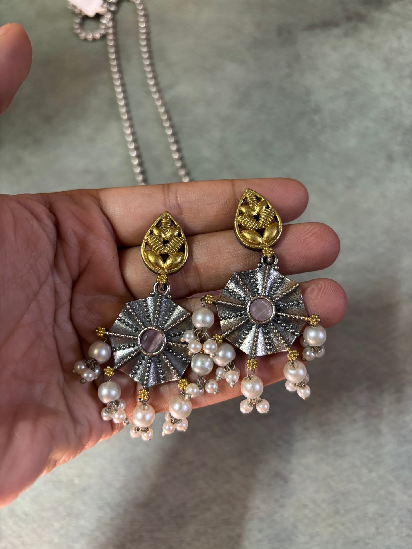Silver Replica Necklace with Onion Pink Pendant – Dual Tone Peacock Motif with Moti Piroi