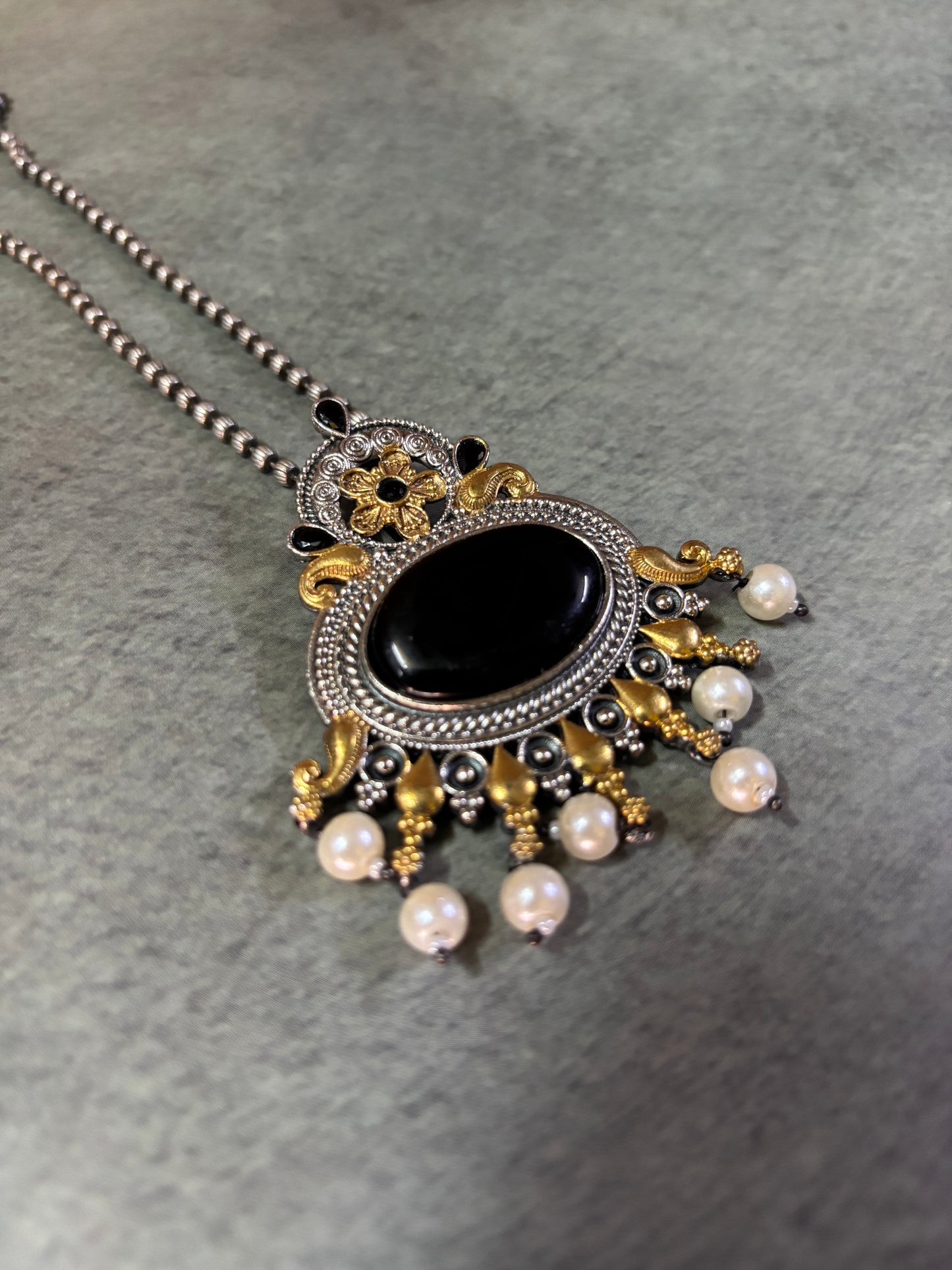 Silver Replica long Necklace in Royal Black