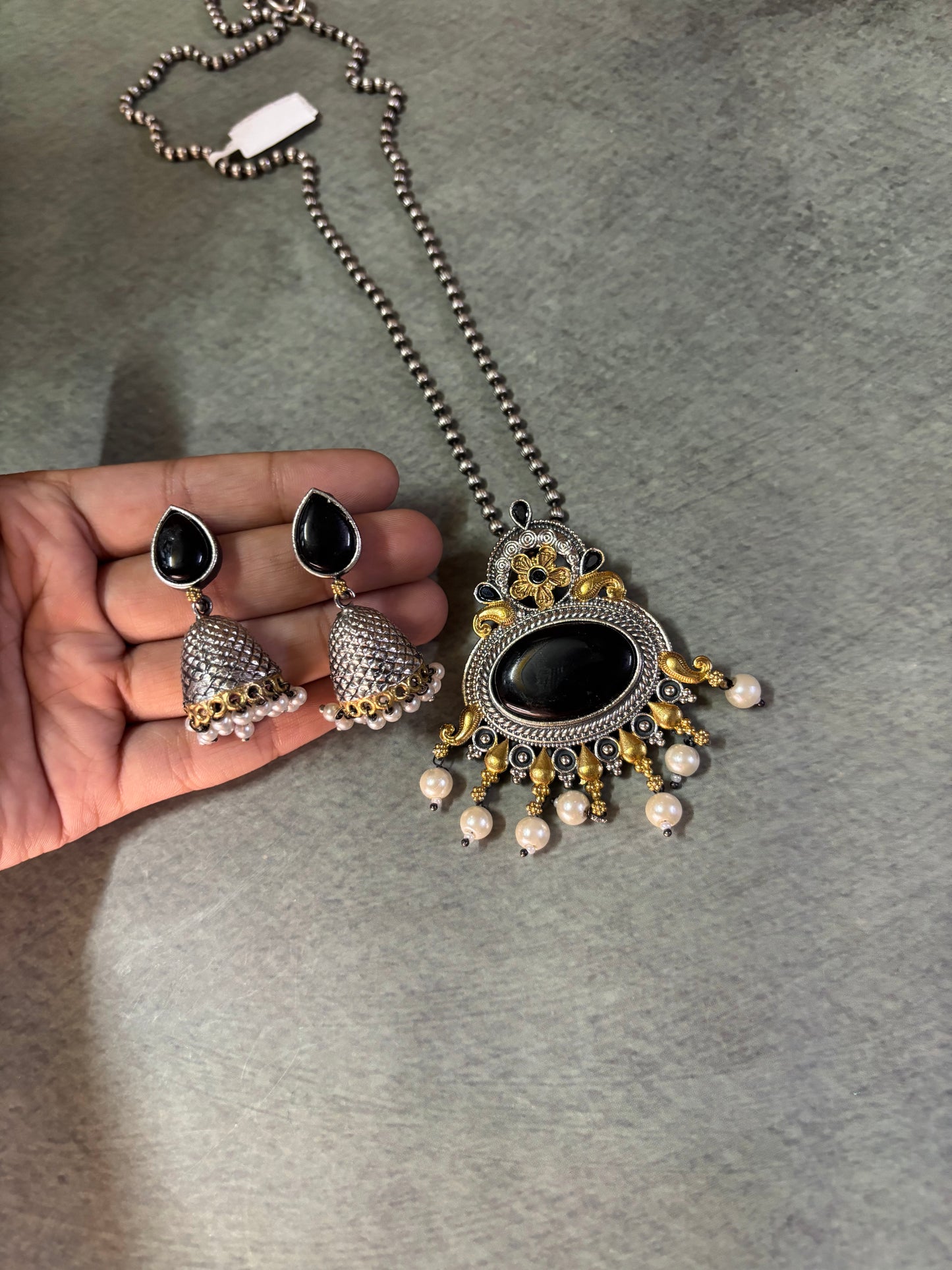 Silver Replica long Necklace in Royal Black