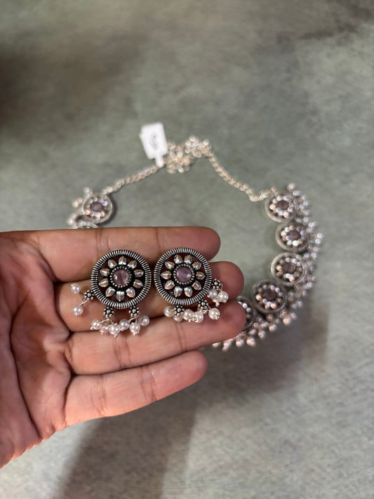 Floral Glow Silver Replica Brass Necklace with Earrings