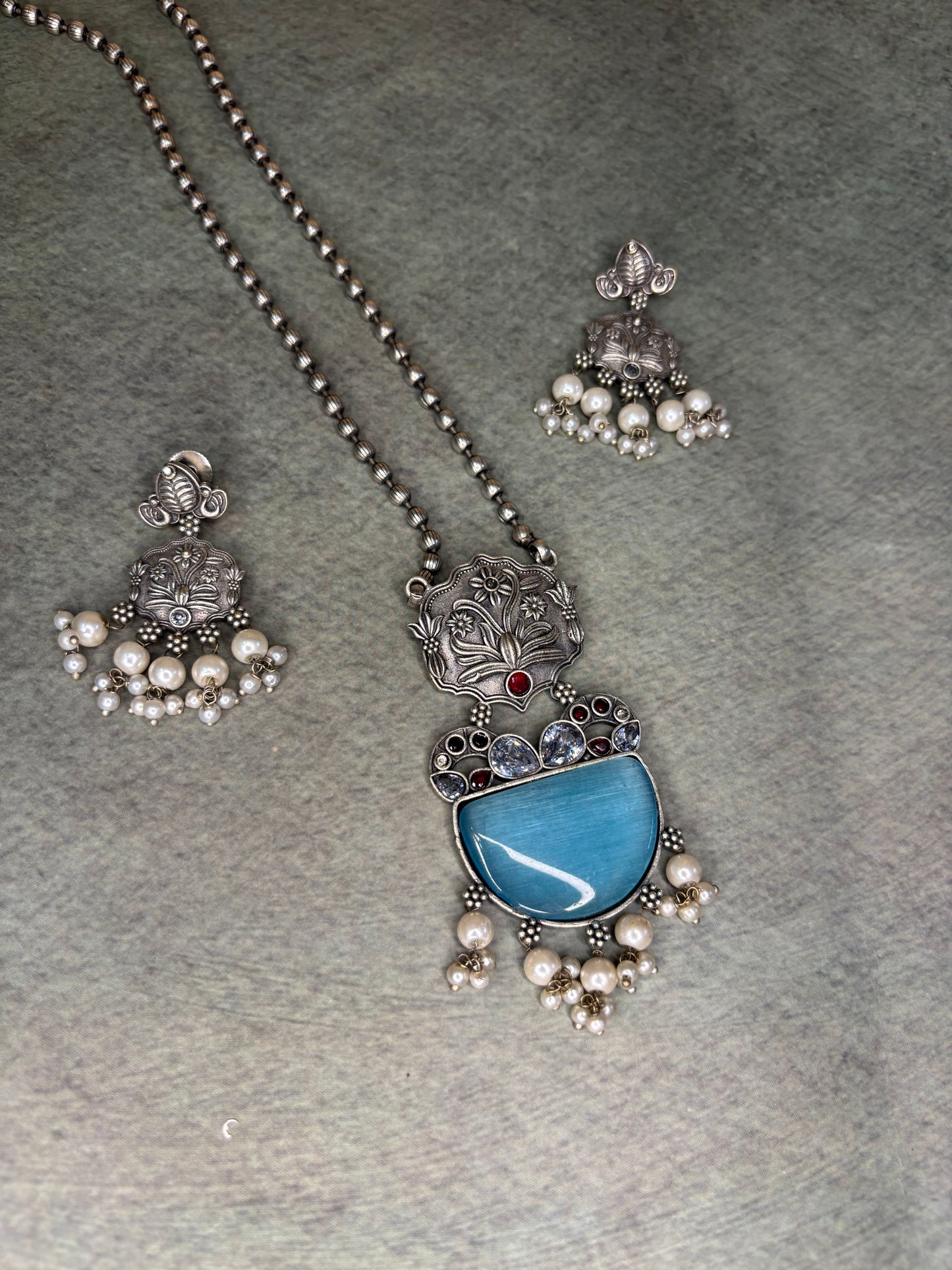 Silver Replica Necklace Set with Earrings – Blue Stone & Pearl Detailing