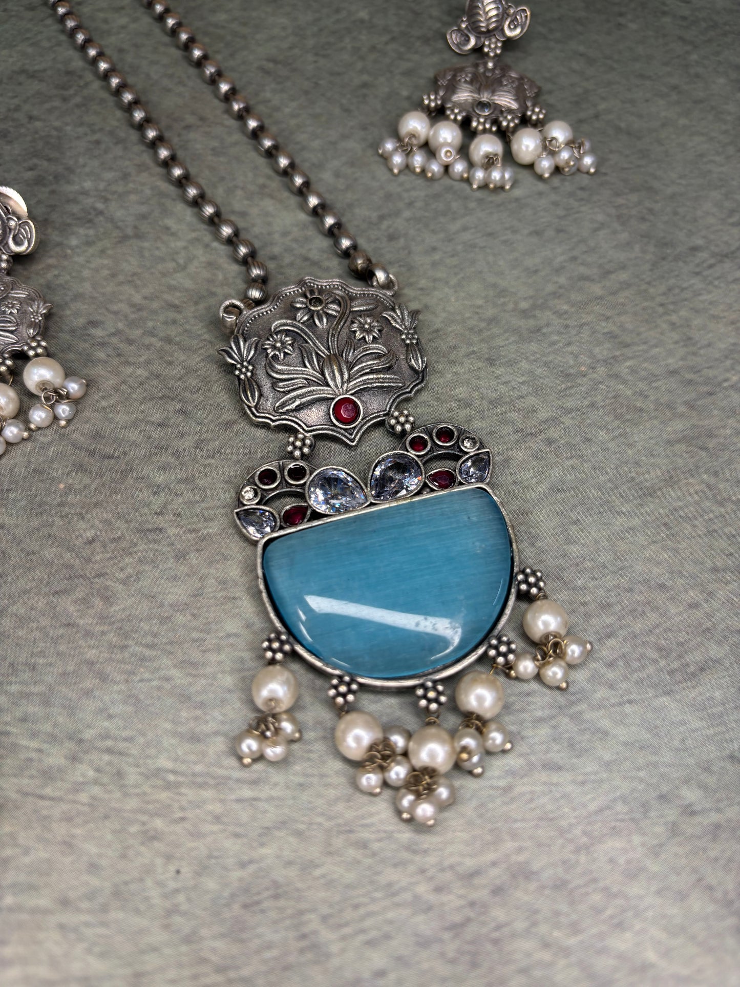 Silver Replica Necklace Set with Earrings – Blue Stone & Pearl Detailing