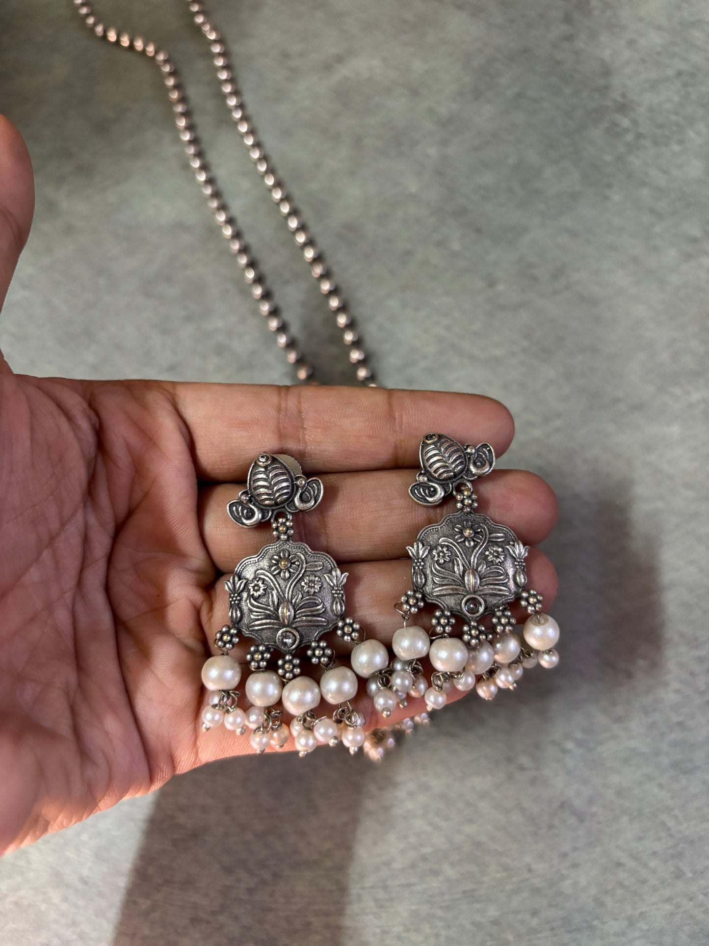 Silver Replica Necklace Set with Earrings – Blue Stone & Pearl Detailing