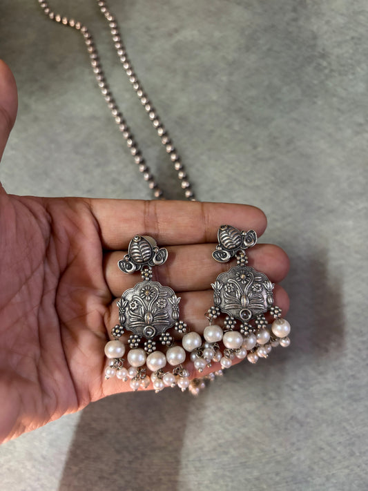 Silver Replica Necklace Set with Earrings – Blue Stone & Pearl Detailing