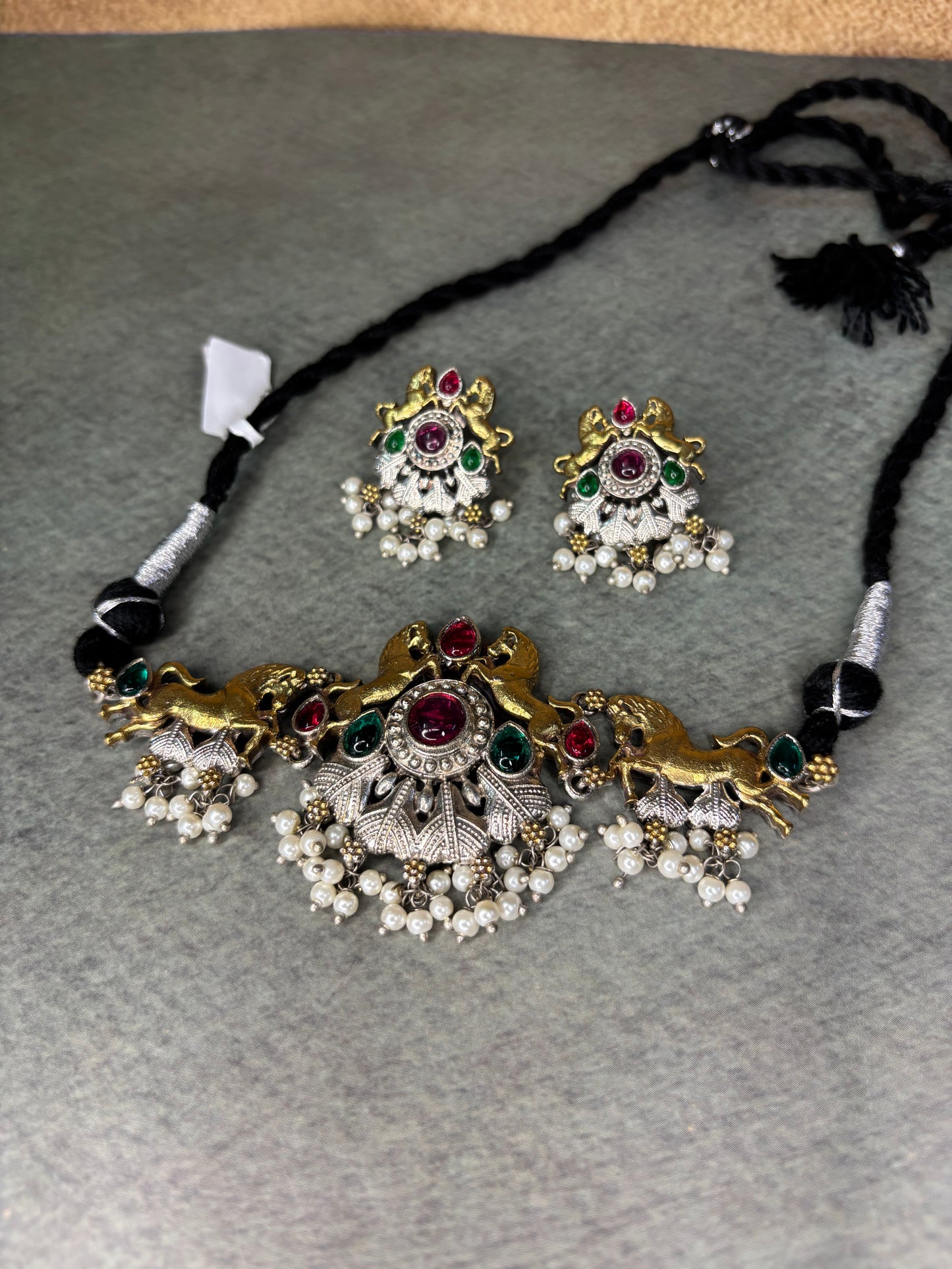 Antique Dual-Tone choker with Earrings – Peacock & Deer Motif