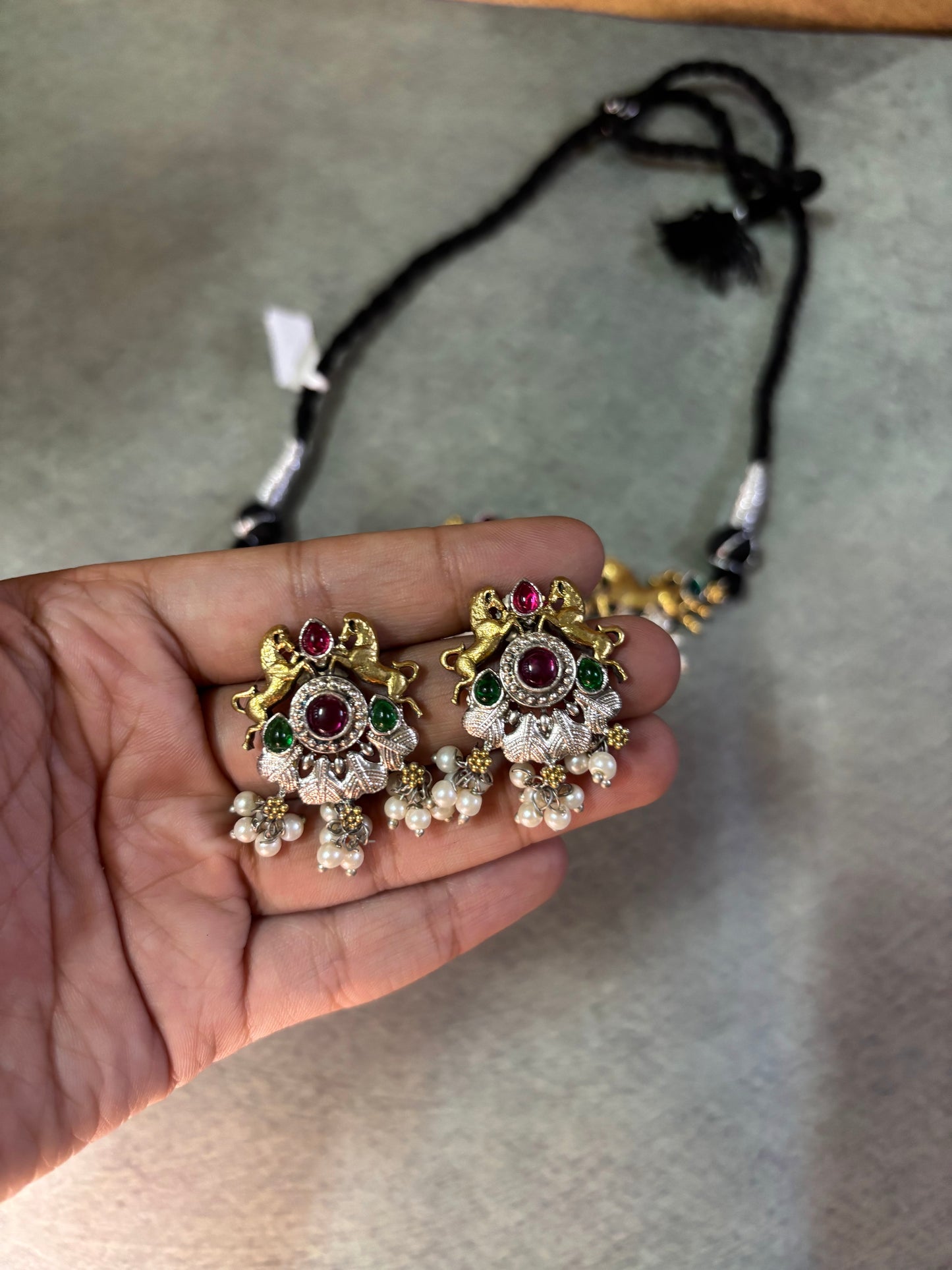 Antique Dual-Tone choker with Earrings – Peacock & Deer Motif