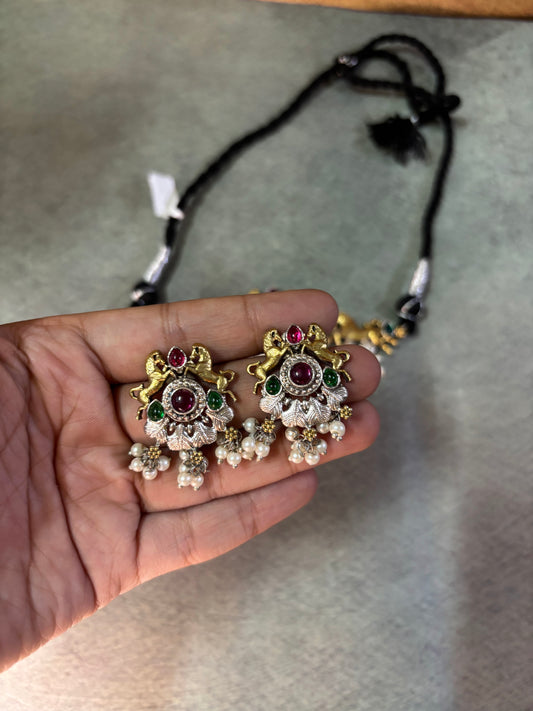 Antique Dual-Tone choker with Earrings – Peacock & Deer Motif