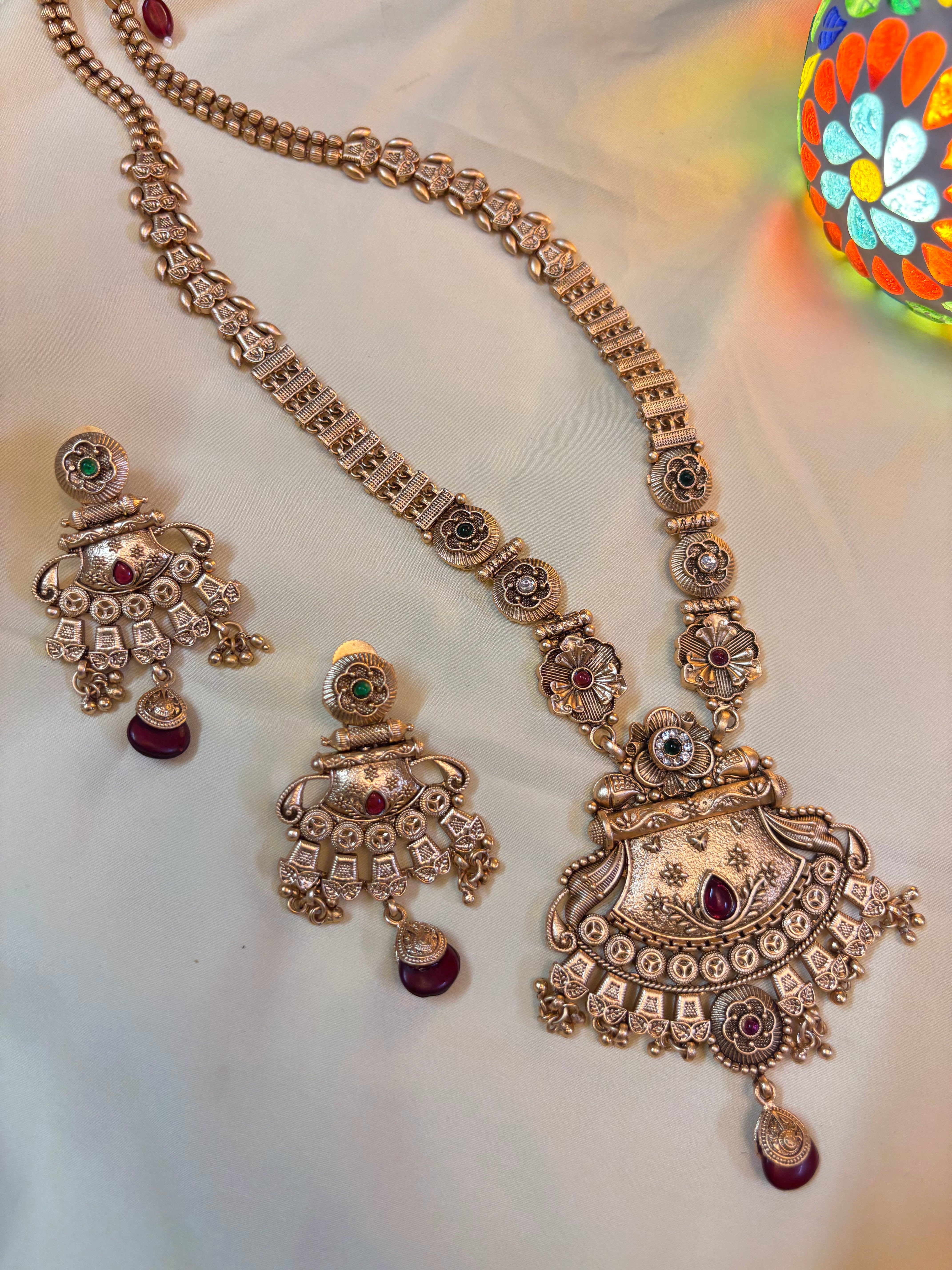 Antique Temple-Inspired Gold Replica Long Necklace Set – Sajori
