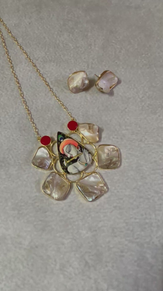Gold-Tone Krishna Motif Necklace with Mother of Pearl Stones